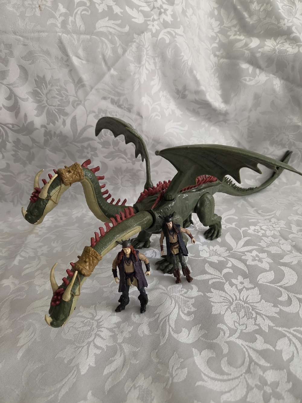 Two-Headed Green Dragon Figure with Two Rider Figures - Kids Toys